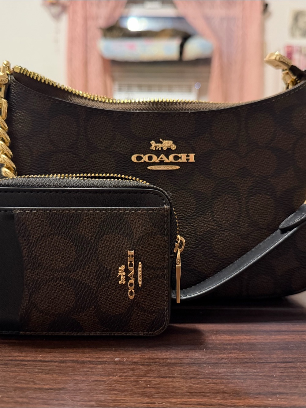 Coach Brown Signature Canvas Shoulder Bag and Zip Card Wallet